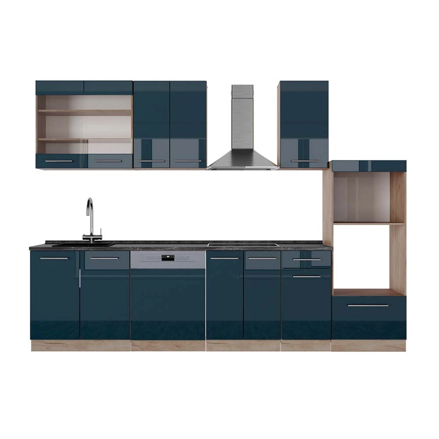 Vicco Fame-Line Küchenschränke Dunkelblau Hochglanz/Goldkraft Eiche 300 cm günstig online kaufen