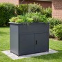 Plats Metall-Hochbeet anthrazit mit Unterschrank, Schneckenkante und frischen Kräutern im Garten.