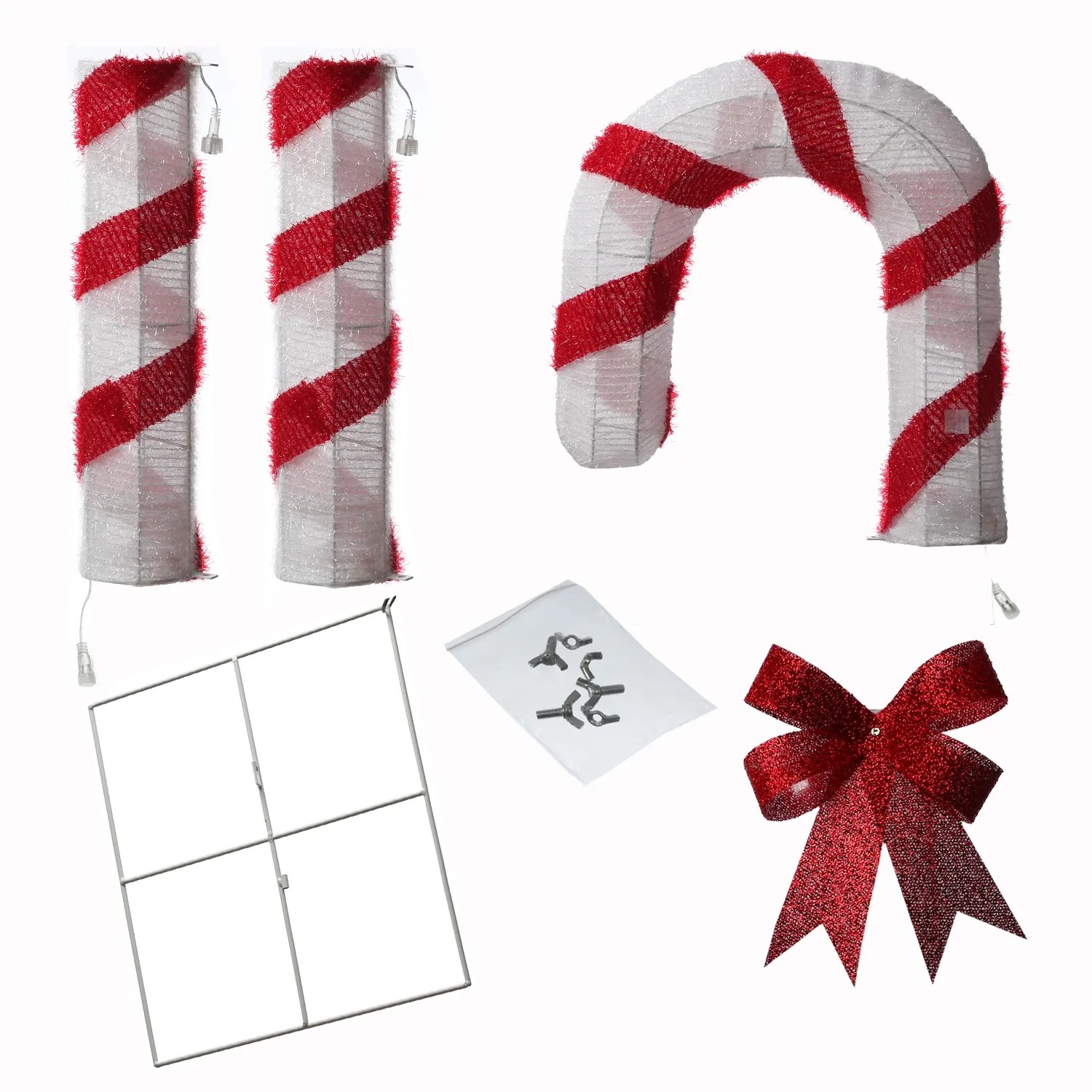 Zerlegte Marelida LED Zuckerstange, rot-weiß gestreift, mit roter Schleife und Metallfuß für Weihnachtsdeko außen.