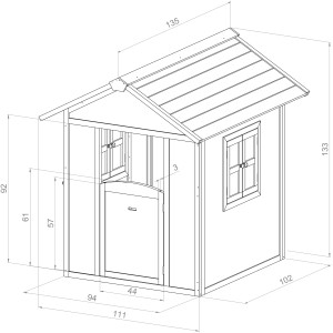 Skizze: Axi Lodge Spielhaus, skandinavisches Rot, 135x111x133 cm, mit Tür und Fenster.