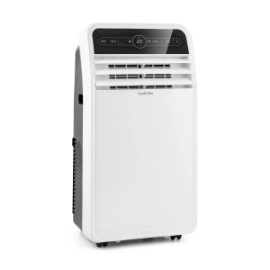 Weiße Klarstein Metrobreeze New York Smart 12k Klimaanlage mit Display und Rollen.