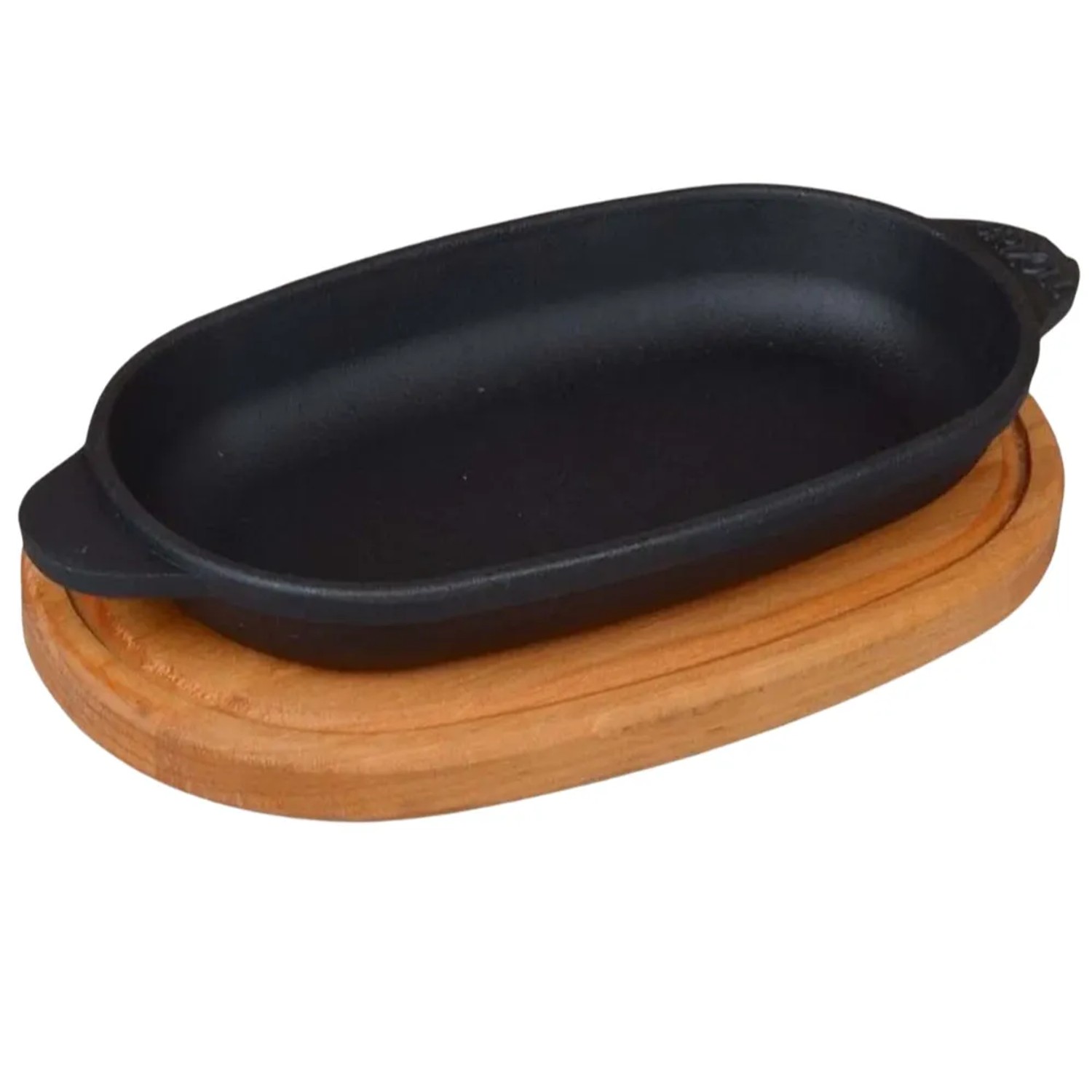 DELUKE Servierpfanne Gusseisen LUDI MIT HOLZUNTERSETZER 18x10cm Gusseiserne Grillpfanne Gusspfanne Oval für Backofen Grill