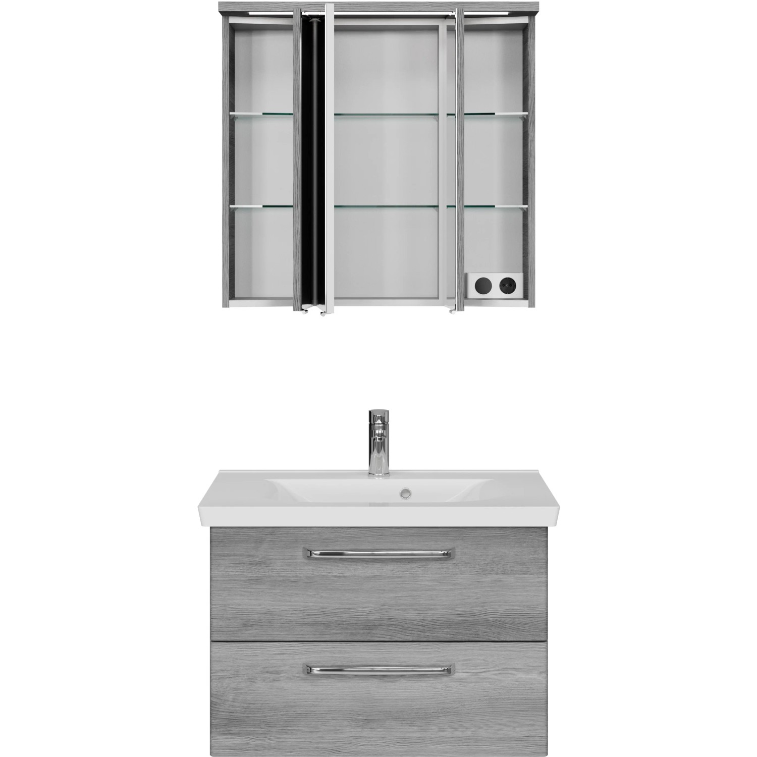 Pelipal Badmöbel-Set Trentino Graphit mit Spiegelschrank und Waschbeckenunterschrank.