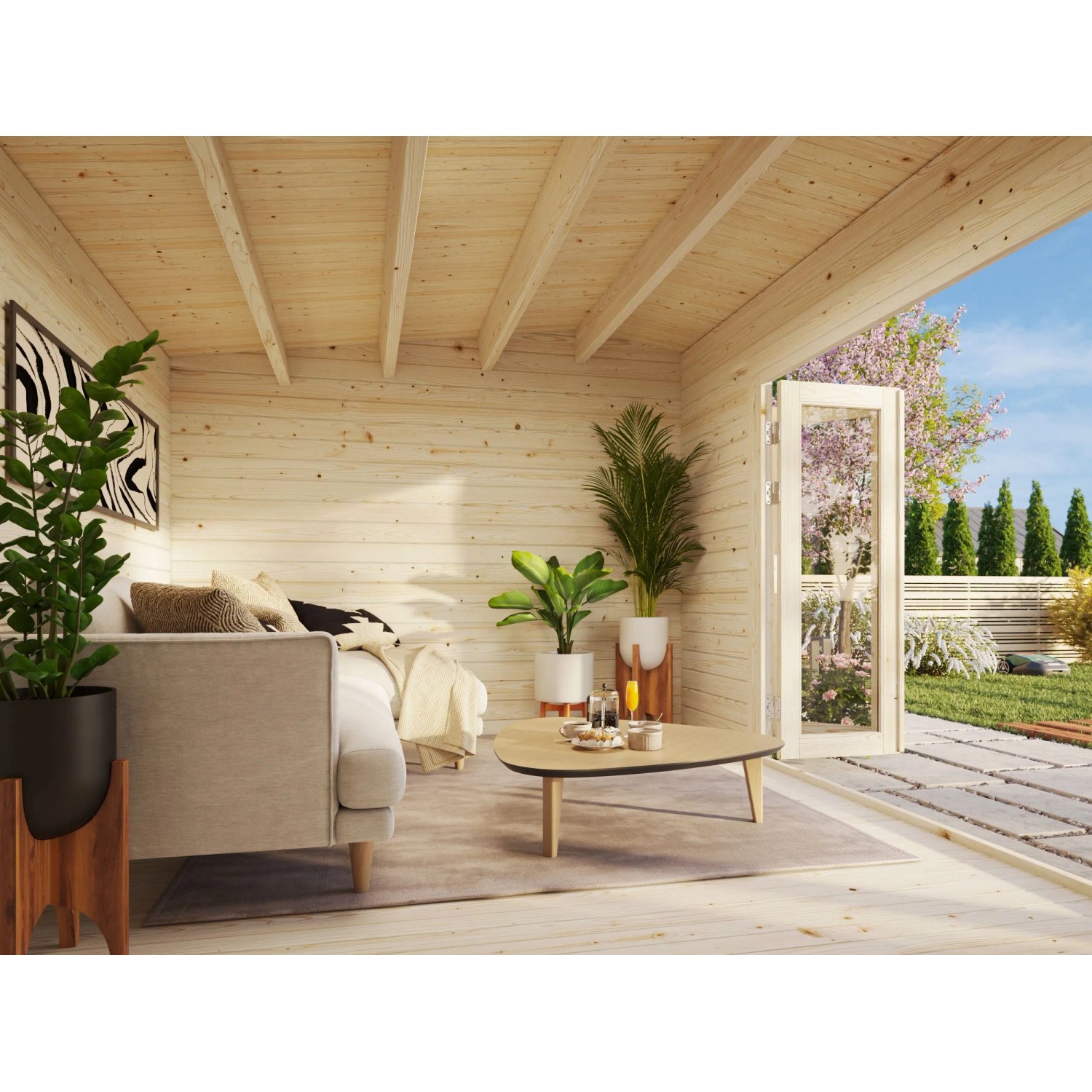Innenansicht: Dunkelgrau-weißes Palmako Gartenhaus Ines mit Falttür und Fußboden.