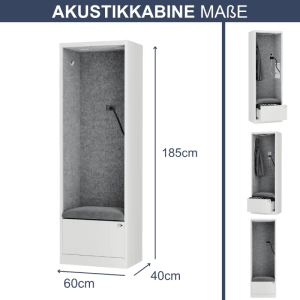 DELUKE Akustikkabine mit Schalldämmung TAGO 185x60x40cm Weiß-Grau Telefonkabine Meetingbox Telefonbox Akustikbox Bürokabine
