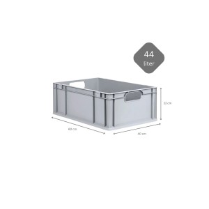 Graue PROREGAL Eurobox 44L mit Scharnierdeckel und gelben Verschlüssen, Griffe offen, 22x40x60cm.