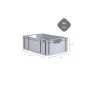 Graue PROREGAL Eurobox 44L mit Scharnierdeckel und gelben Verschlüssen, Griffe offen, 22x40x60cm.