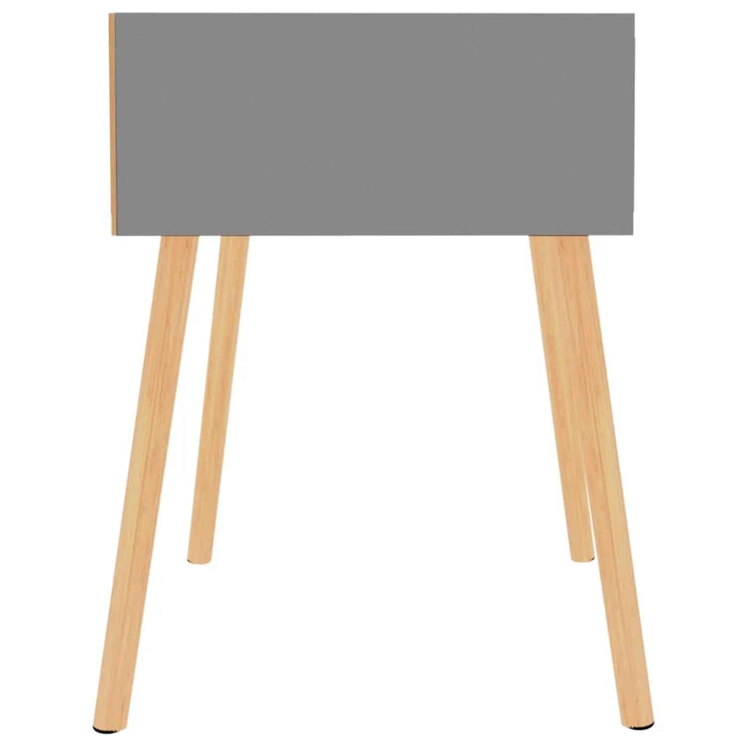 Set aus zwei grauen Nachttischen (40x40x56 cm) aus Holzwerkstoff mit hellen Holzbeinen.