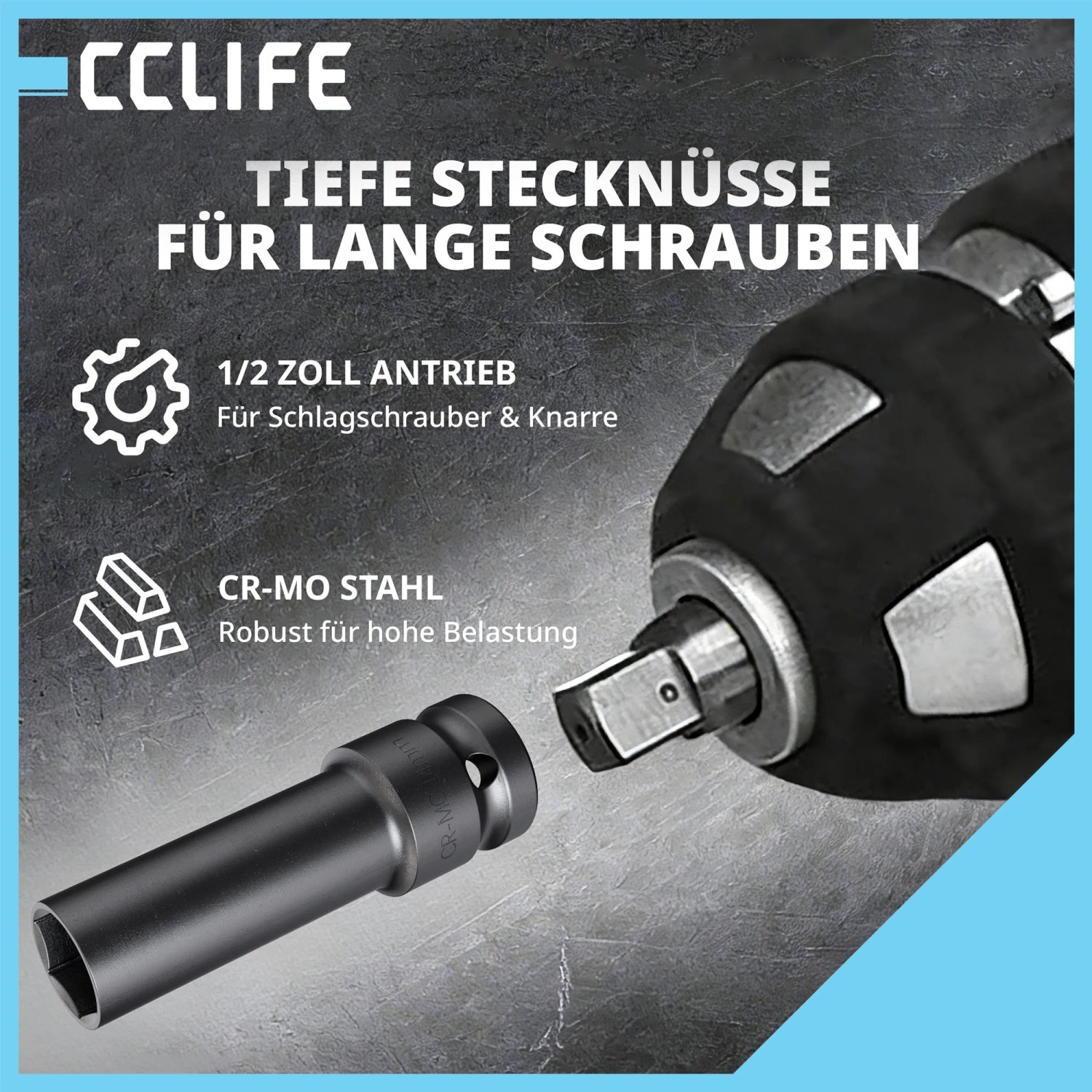 CCLIFE 1/2 Zoll tiefe Impact Stecknuss aus Cr-Mo Stahl für Schlagschrauber. Robustes Set für hohe Drehmomente.