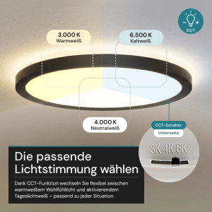 Runde, schwarze LUXULA LED Panel Deckenleuchte mit einstellbarer Lichtfarbe (Warm-, Neutral-, Kaltweiß).