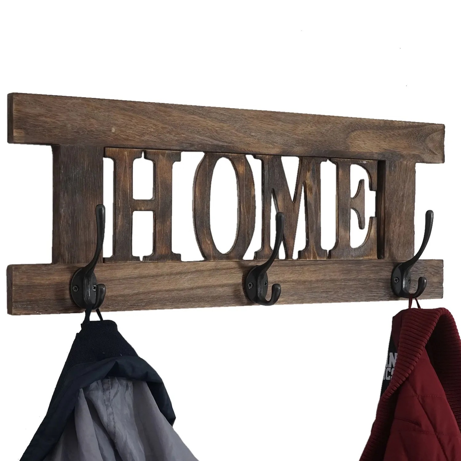 Wandgarderobe C60 im Shabby-Look Braun mit HOME Schriftzug und 3 Doppelhaken.