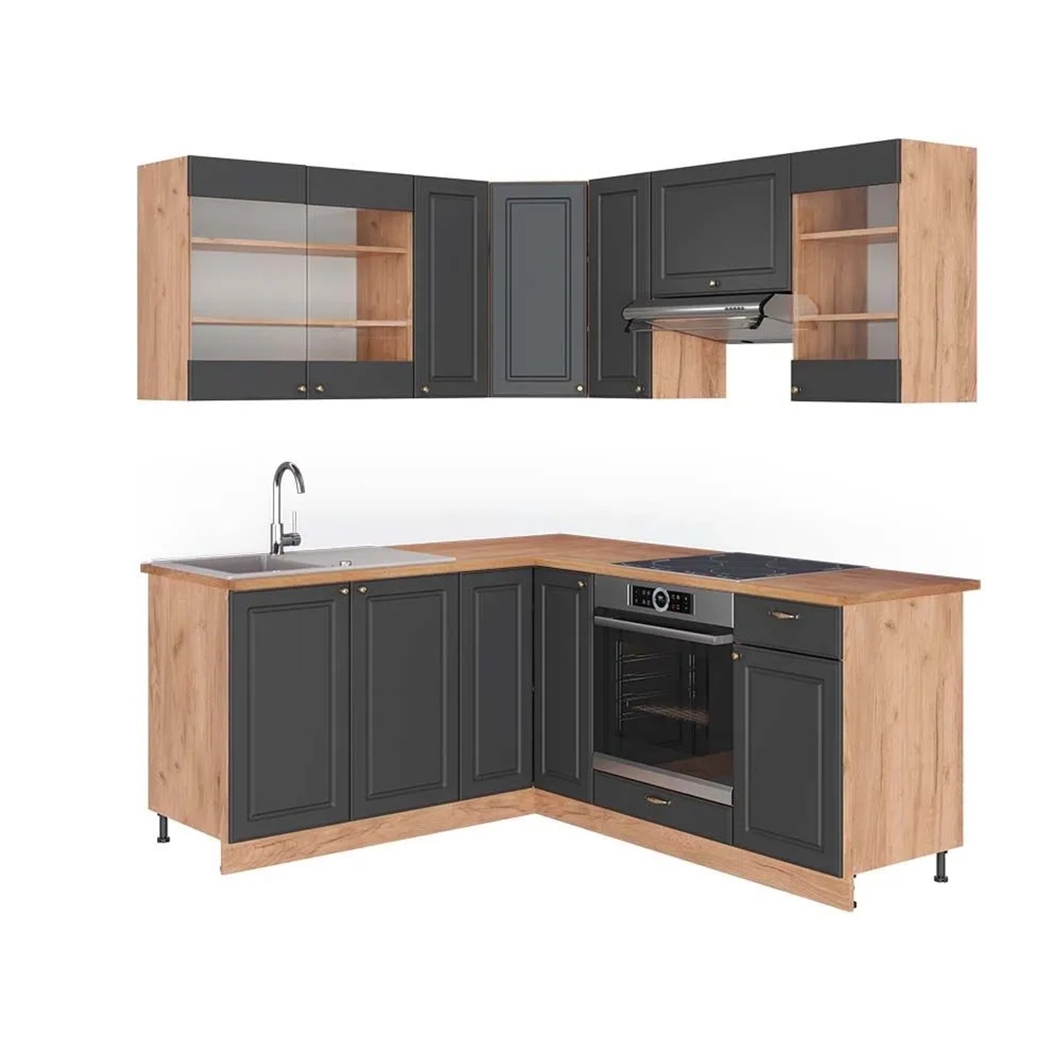 Vicco Eckküche Fame-Line Dunkelgrau/Goldkraft Eiche 190 x 82, AP Eiche