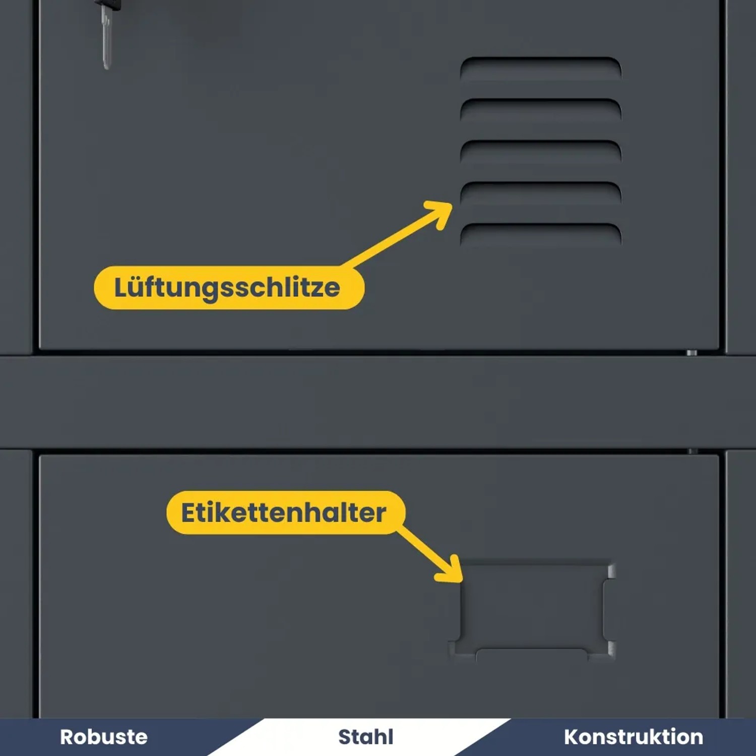 Detailaufnahme: Anthrazitfarbener DELUKE Schließfachschrank mit Lüftungsschlitzen und Etikettenhalter.