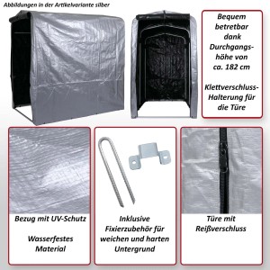 MCW Fahrradgarage N61, silber, 201x121x201cm. Wetterfeste Fahrradbox mit Reißverschlusstür und UV-Schutz.