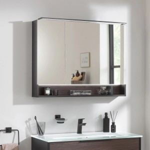 Fackelmann LED-Spiegelschrank B.Paris, 90 cm, Schwarz Matt/Eiche, mit Beleuchtung und Ablage.