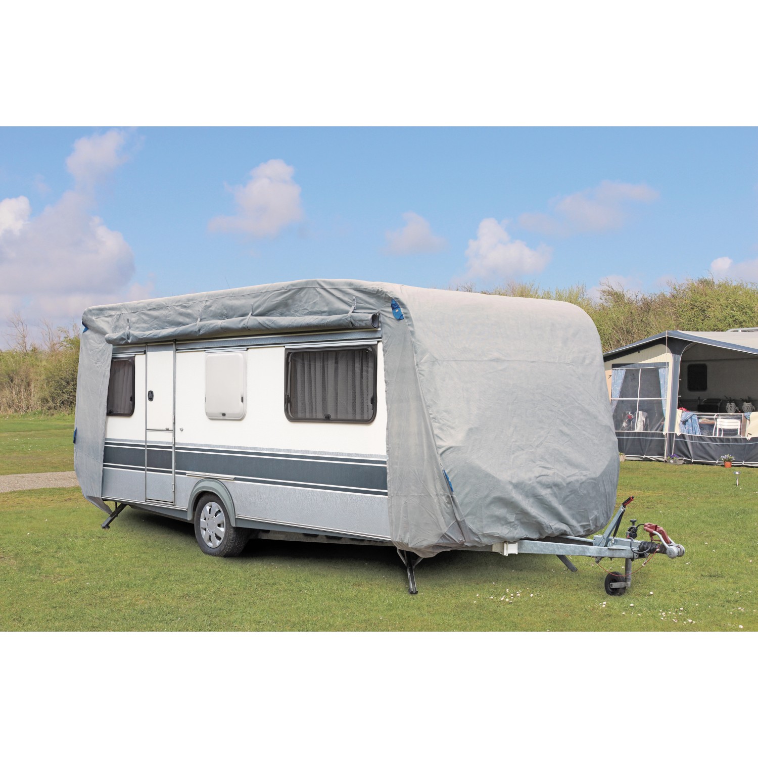 Graue Wohnwagen Abdeckhaube Größe S von Garden Pleasure schützt vor Wettereinflüssen.
