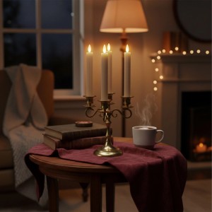 6er Set Relaxdays LED Stabkerzen aus Echtwachs in Mocha Mousse, flackernd, 25cm, auf Tisch mit Deko.