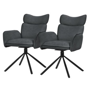 Zwei anthrazitfarbene, drehbare Esszimmerstühle mit Stoffbezug und schwarzem Metallgestell im 2er Set.