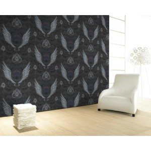 Glööckler Vliestapete mit Adlerflügeln und Ketten in Schwarz-Silber. Dekorative Tapete im Imperial-Stil.