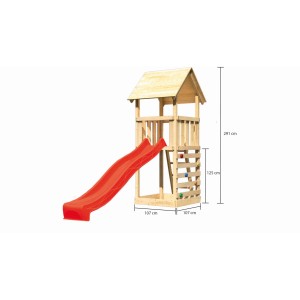 Karibu Spielturm Lotti mit roter Rutsche und Kletterwand, aus Holz, mit Maßangaben.