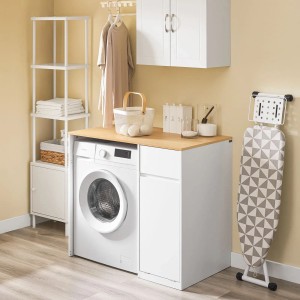 SoBuy Waschmaschinenschrank mit Wäschekorb Badezimmerschrank Weiß-Natur 100x90x60cm BZR217-WN