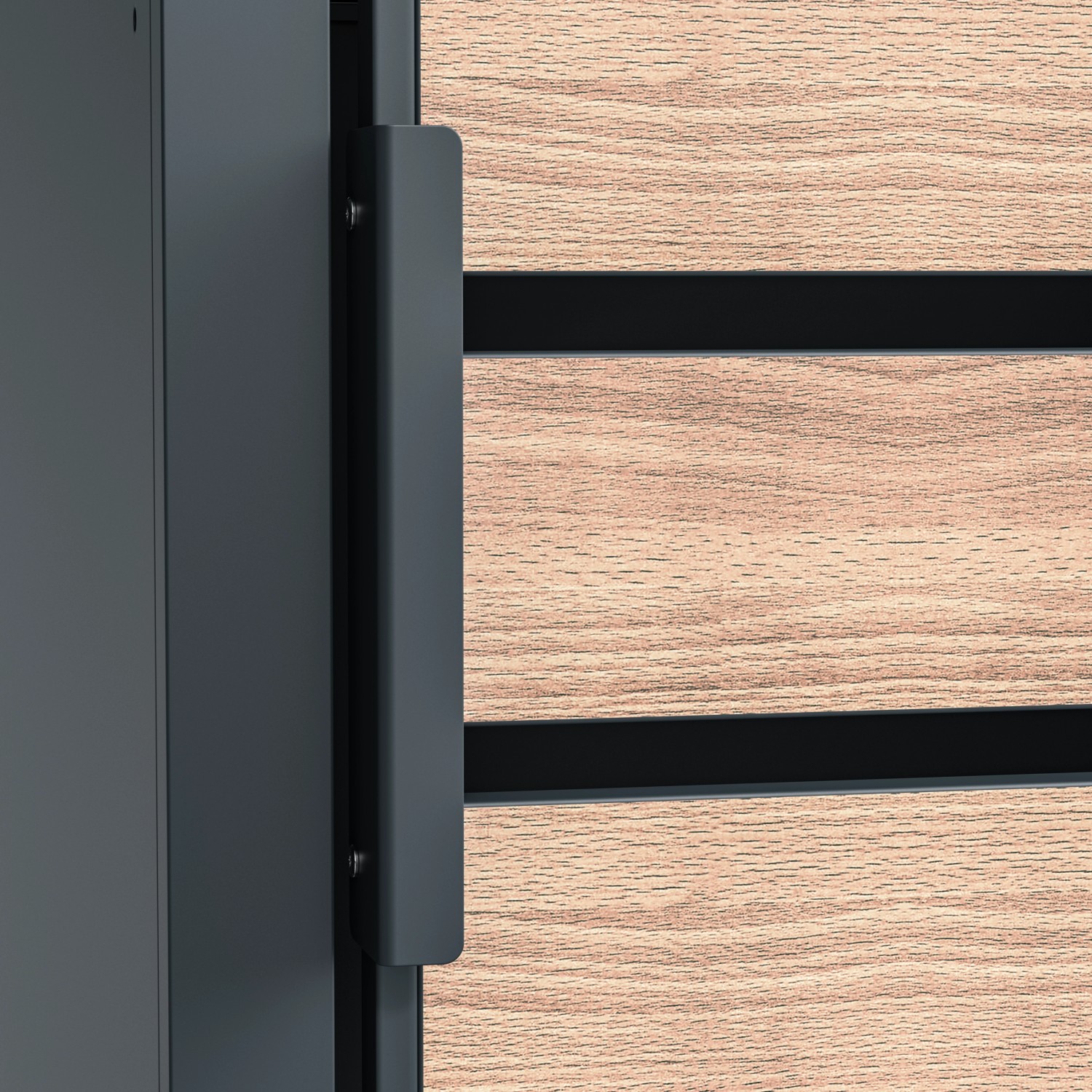 Detailaufnahme: Westmann Mülltonnenbox Lacina, anthrazitfarbener Stahlrahmen mit Holzoptik-Füllung.