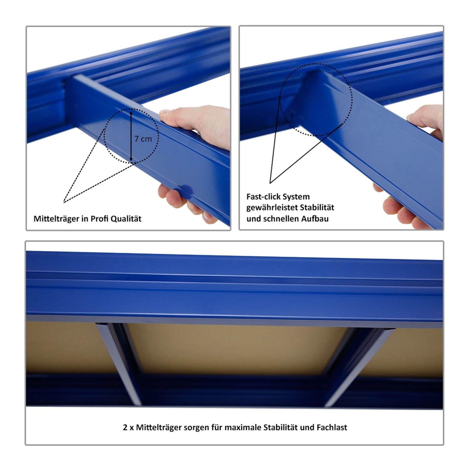 Detailansicht blaues Schwerlastregal DINO: Mittelträger, Stecksystem, Fachböden. Regale & Regalböden für Werkstatt und Lager.