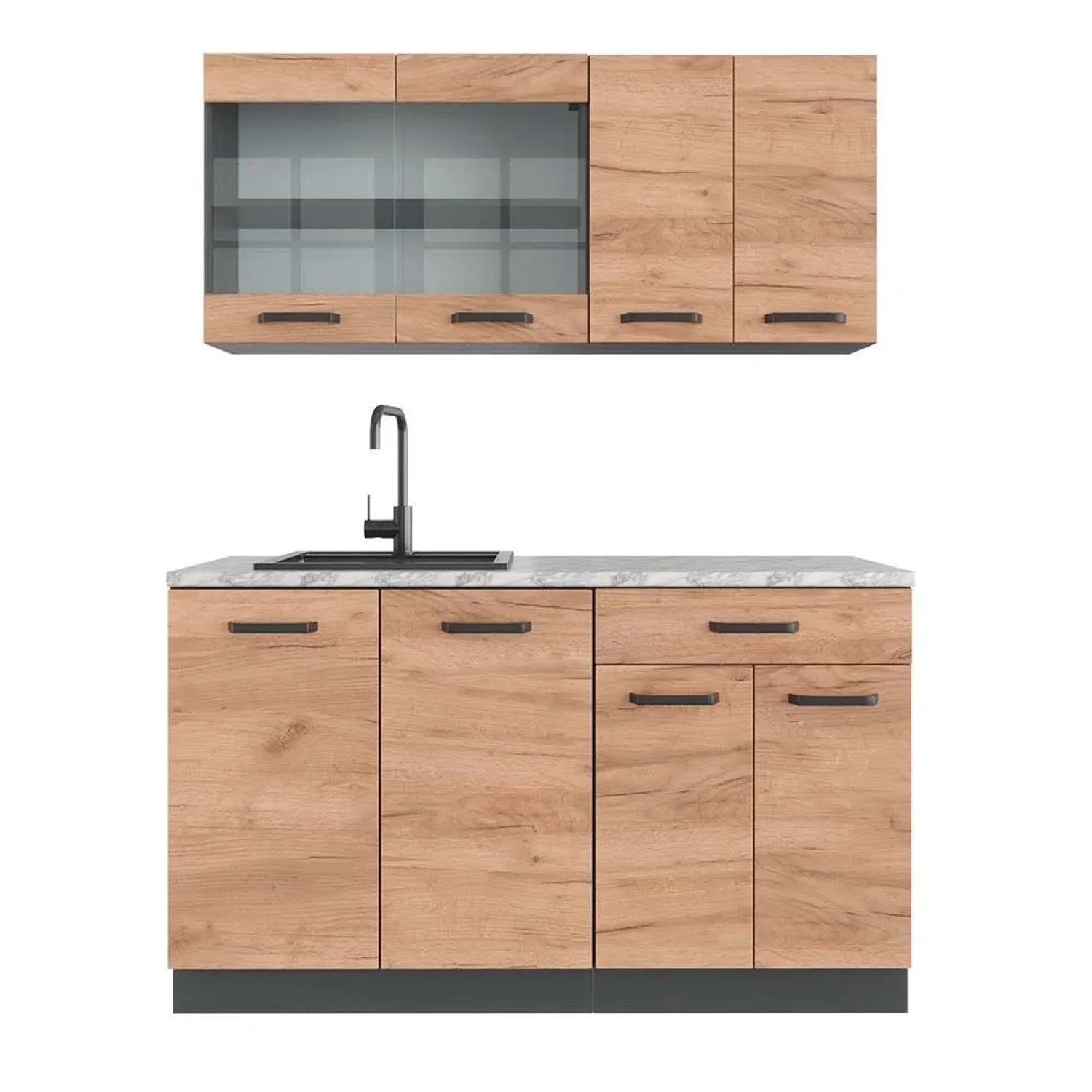 Vicco R-Line SingleKüche Goldkraft Eiche Anthrazit 140 cm AP Marmor ohne E-Geräte