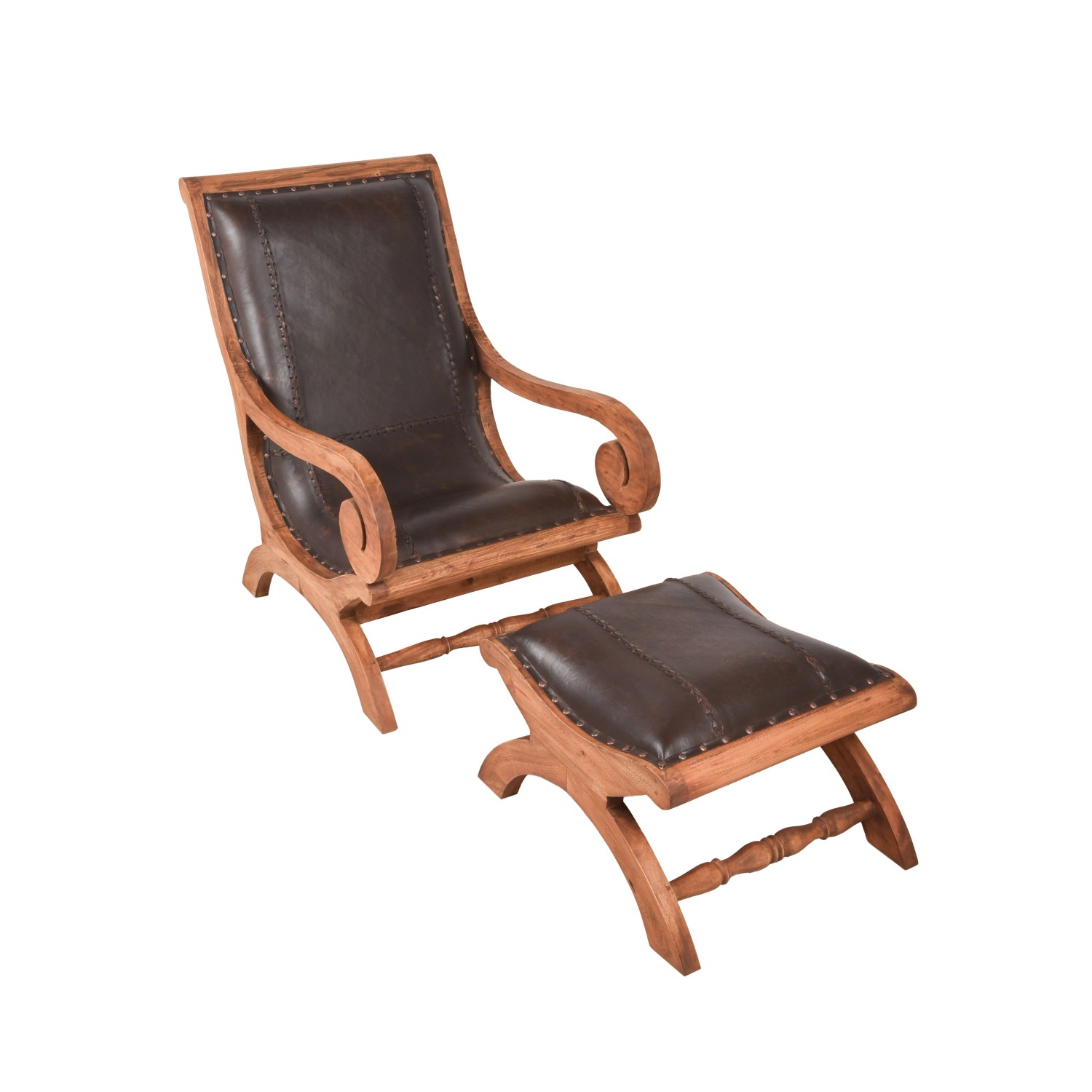 DELUKE Ledersessel MARA Mit Hocker Mahagoni Braun 93x93x60cm Relaxsessel Mit Fußablage