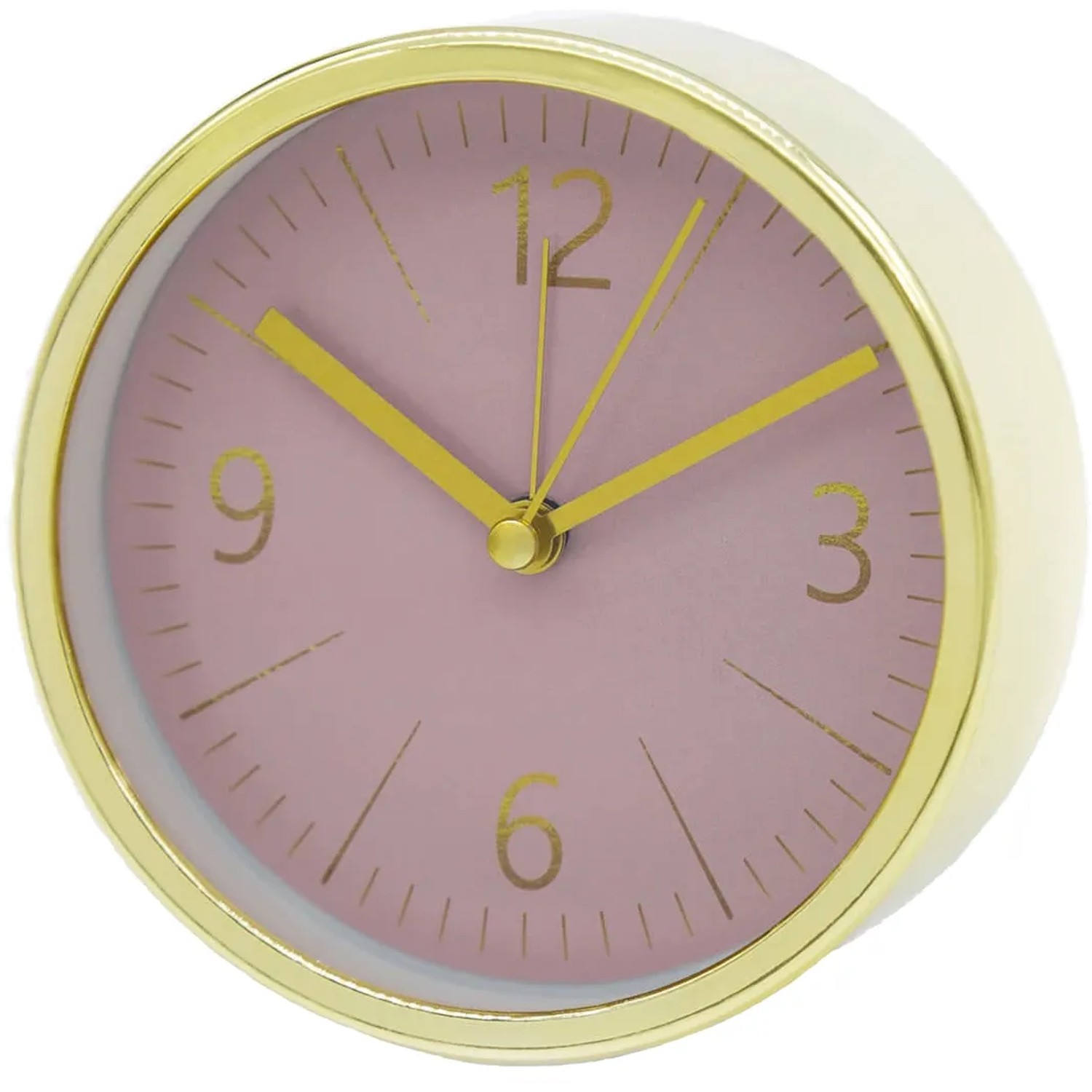 Wall-Art Wecker in Gold-Optik mit rosa Ziffernblatt, Ø 11,2 cm. Tischuhr mit Weckfunktion.