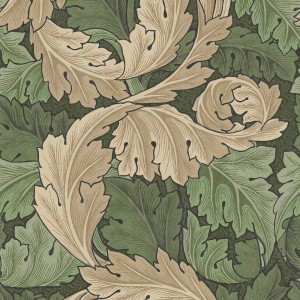 Grüne Vliestapete Acanthus von William Morris mit großem Blättermuster in Waldgrün und Sandfarben.