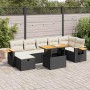 Schwarze 5-tlg. vidaXL Garten-Sofagarnitur aus Rattan mit hellen Kissen und Tisch mit Holzplatte.