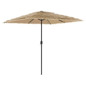 Brauner vidaXL Sonnenschirm mit quadratischem Strohdach, schwarzem Stahlmast und integrierter LED-Beleuchtung.