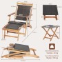 Braune Rattan Sonnenliege mit ausziehbarer Fußstütze und klappbarem Akazienholz Beistelltisch. Maße und Klappfunktion sind dargestellt.