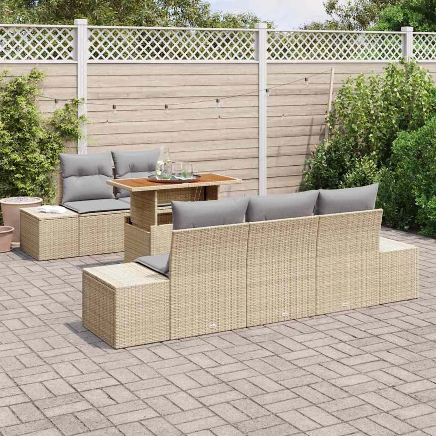 Beiges 6-tlg. vidaXL Garten-Sofa-Set mit Stauraum aus Poly Rattan.