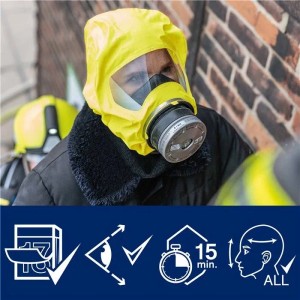 Dräger PARAT 5510 Brandfluchthaube, gelb, mit Filter zum Schutz vor Rauch und Gasen.