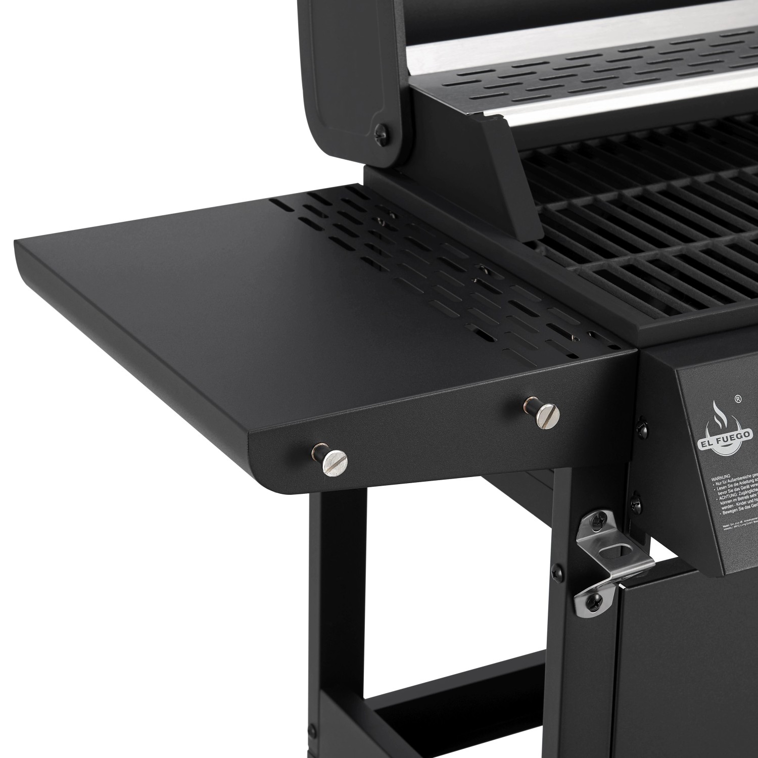 Detailaufnahme: El Fuego Gasgrill San Jose mit Seitenablage und Grillrost.