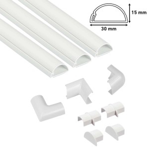 D-Line Kabelkanal-Set, 10-teilig, weiß, 30x15mm, mit Kanälen, Ecken und Verbindungsstücken.