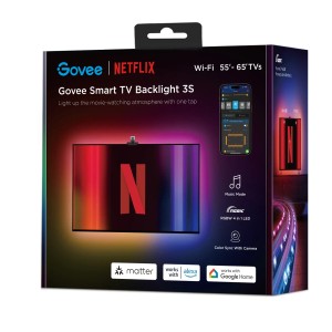 Verpackung der Govee X Netflix TV-Hintergrundbeleuchtung 3S für 55-65 Zoll TVs.