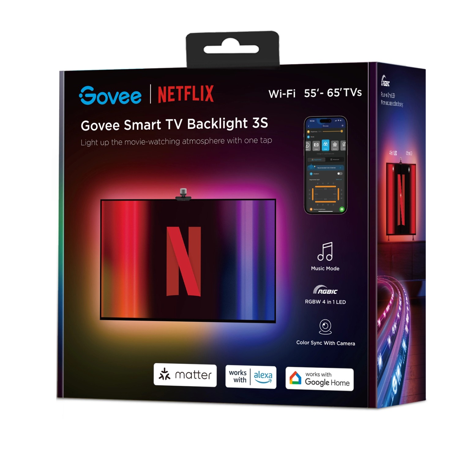 Verpackung der Govee X Netflix TV-Hintergrundbeleuchtung 3S für 55-65 Zoll TVs.