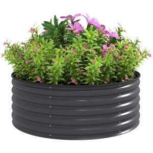 Dunkelgraues, rundes Outsunny Hochbeet aus Stahl, bepflanzt mit Blumen.