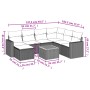 Schwarze 8-tlg. vidaXL Garten-Sofagarnitur aus Polyrattan mit Kissen und Tisch, Maße eingezeichnet.