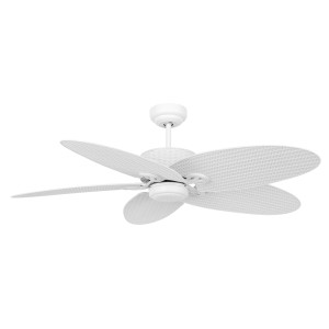 Weißer Lucci Air Deckenventilator Fijian II mit Rattan-Design und Wandschalter, 132 cm.