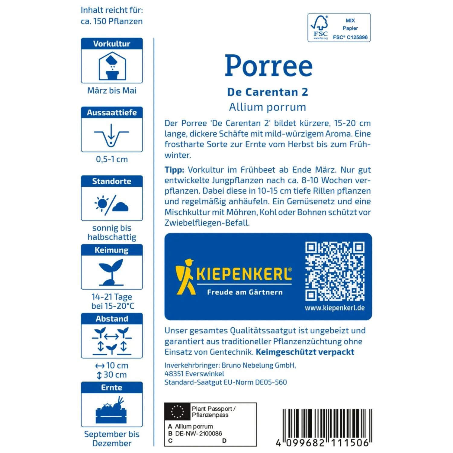 Kiepenkerl Porree De Carentan 2 Gemüsesamen Packung, frostharte Wintersorte.