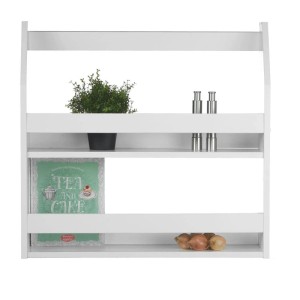 Weißes Homestyle4u Wandregal aus Holz mit zwei Ablagen, dekoriert mit Pflanze und Gewürzen. Ideal als Küchen- oder Bücherregal.