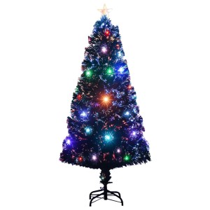 Grüner künstlicher Weihnachtsbaum 120 cm mit bunten LED- und Glasfaserlichtern, Sternspitze und schwarzem Ständer.