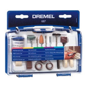 Dremel 687 Mehrzweck-Set in blauer Box mit verschiedenen Werkzeugaufsätzen.