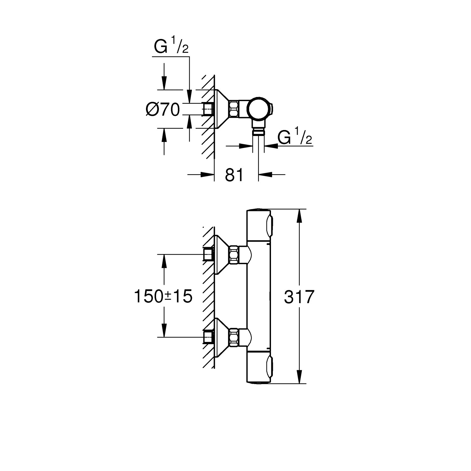 Technische Zeichnung: Grohe QuickFix Precision Flow Thermostat-Brausebatterie mit Maßangaben.