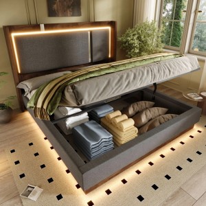 Merax Polsterbett 180x200, grau, mit LED-Beleuchtung. Offener Bettkasten mit hydraulischem Stauraum.