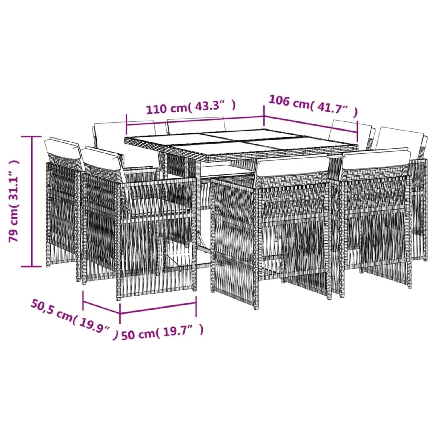 vidaXL 9-tlg. Garten-Essgruppe aus Poly Rattan mit Kissen, beige. Gartenmöbel-Set mit Tisch und 8 Stühlen.